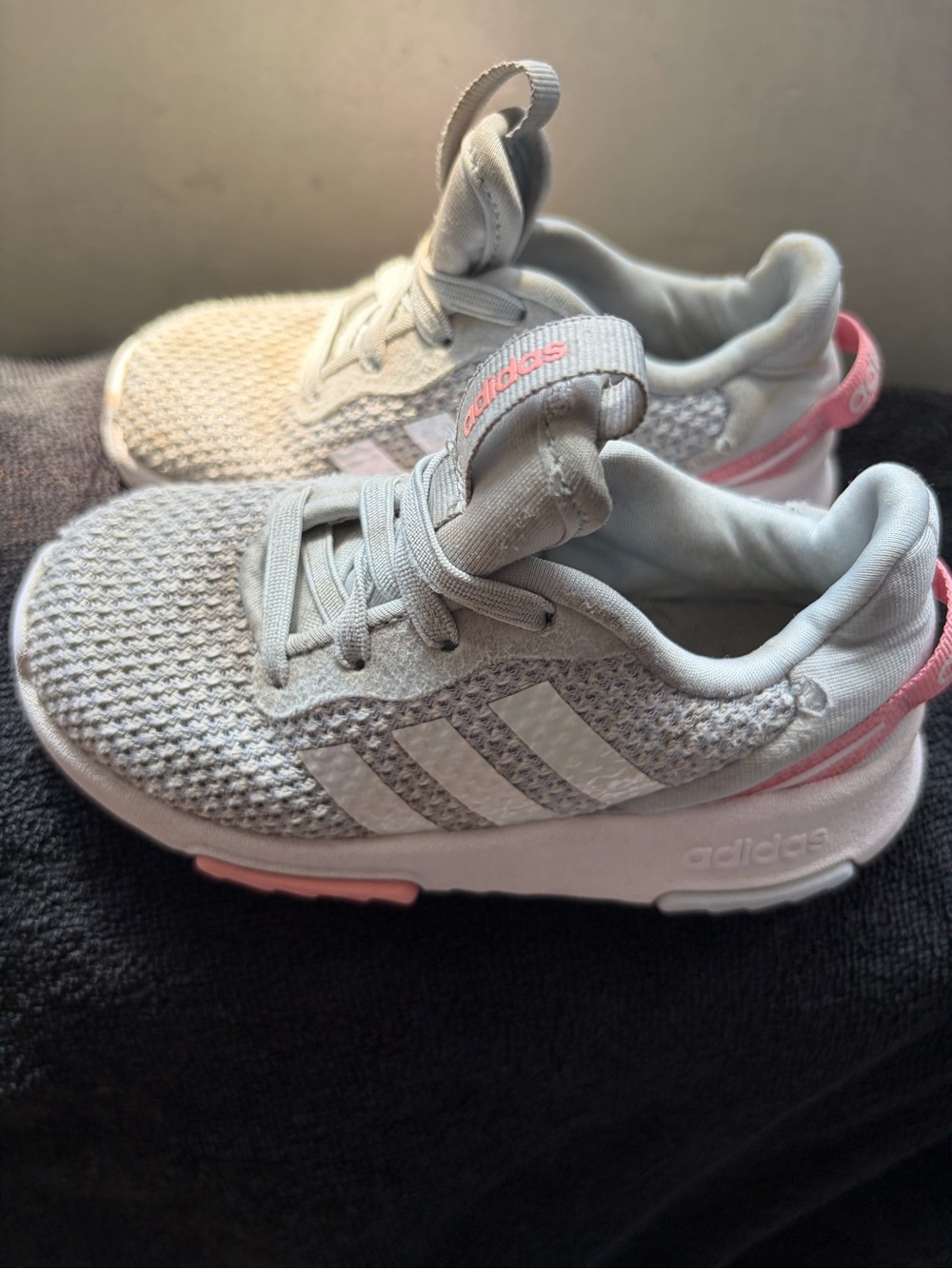 adidas Originals Kids Light Gray Knit Sneakers with Pink Accents